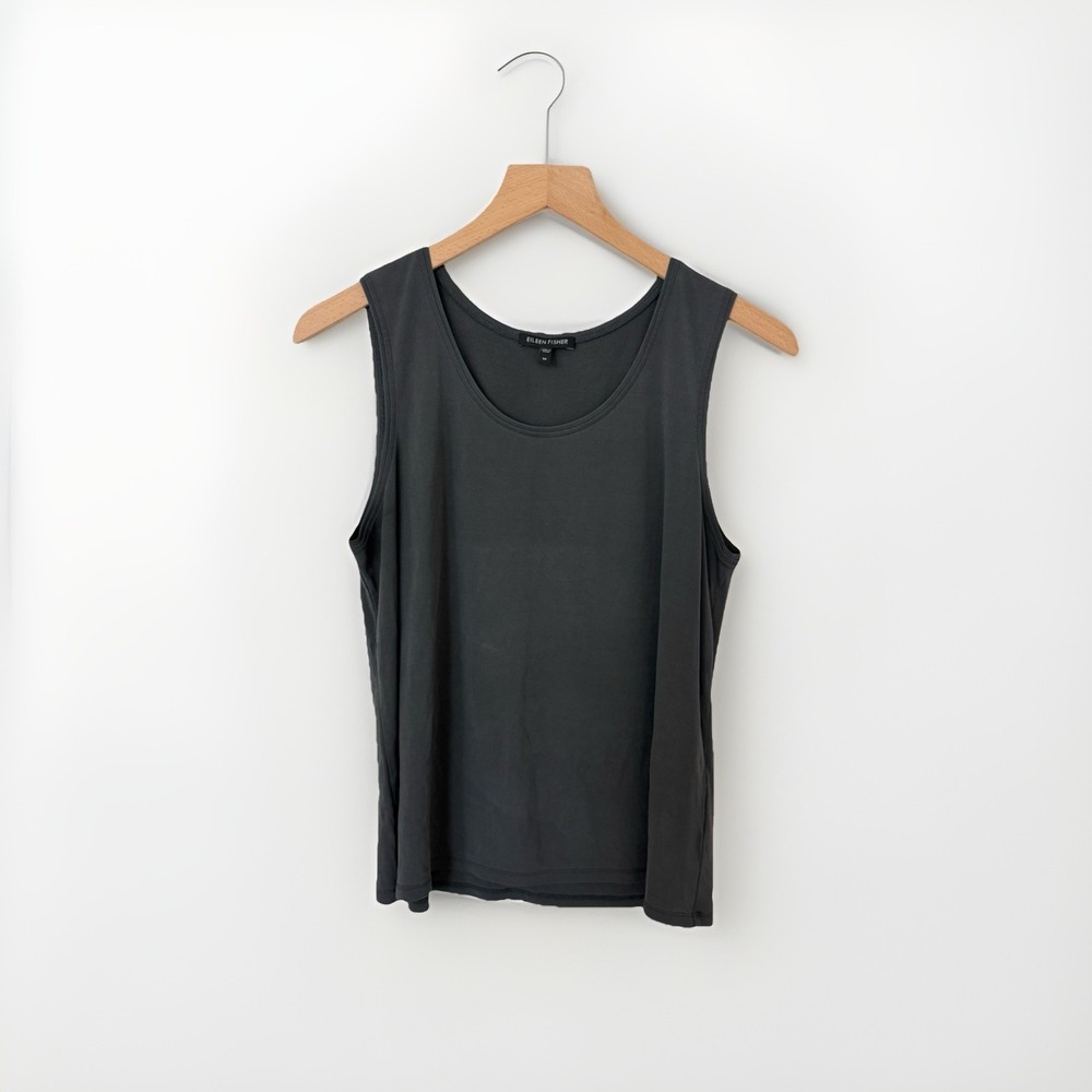 Eileen Fisher Top M Gray Silk Scoop Neck Shell Tank Minimalist Capsule